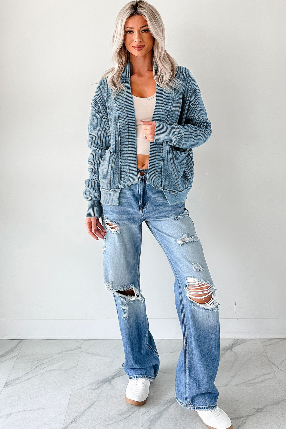 Chestnut Mineral Wash Exposed Seam Patchwork Knit Open Sweater Cardigan