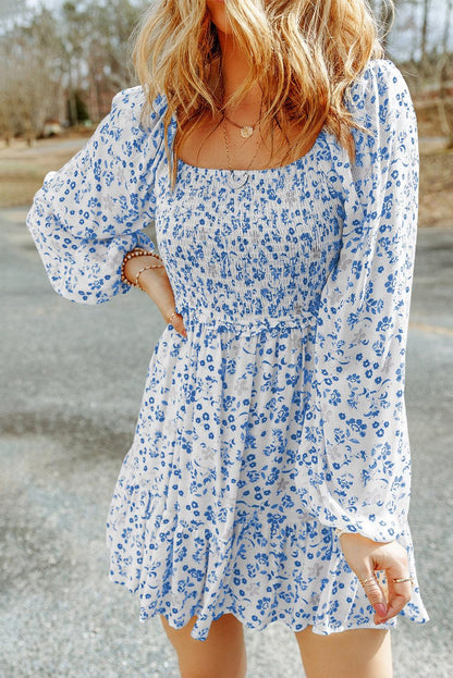 Light Blue Boho Floral Smocked Puff Sleeve Mini Dress - L & M Kee, LLC