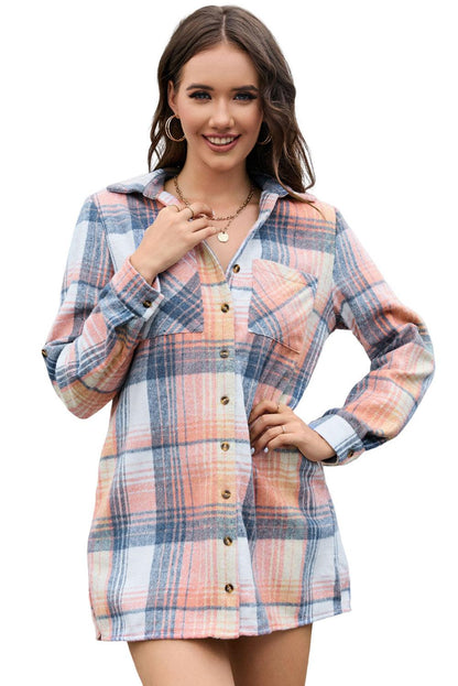 Plaid Roll-tab Sleeve Side Slit Shirt Dress - L & M Kee, LLC