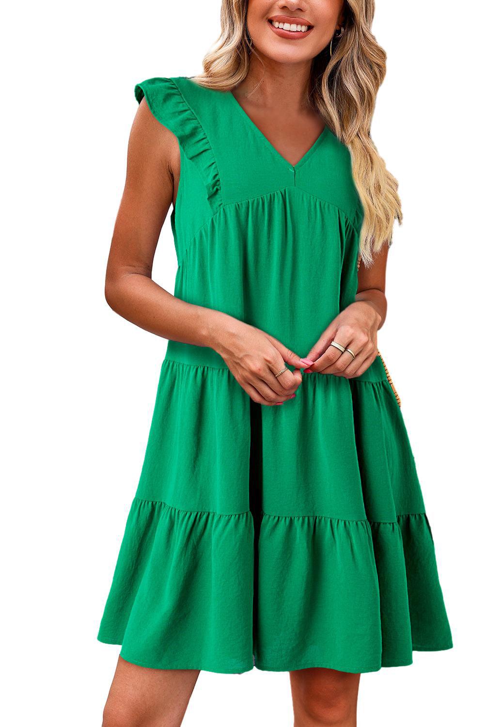 Bright Green Solid Color V Neck Ruffle Tiered Mini Dress - L & M Kee, LLC