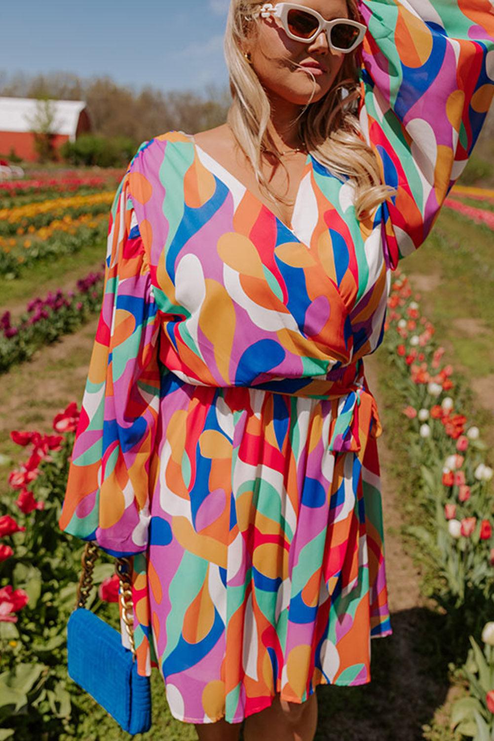 Multicolor Plus Size Abstract Print Oversized Sleeve Belted Dress - L & M Kee, LLC