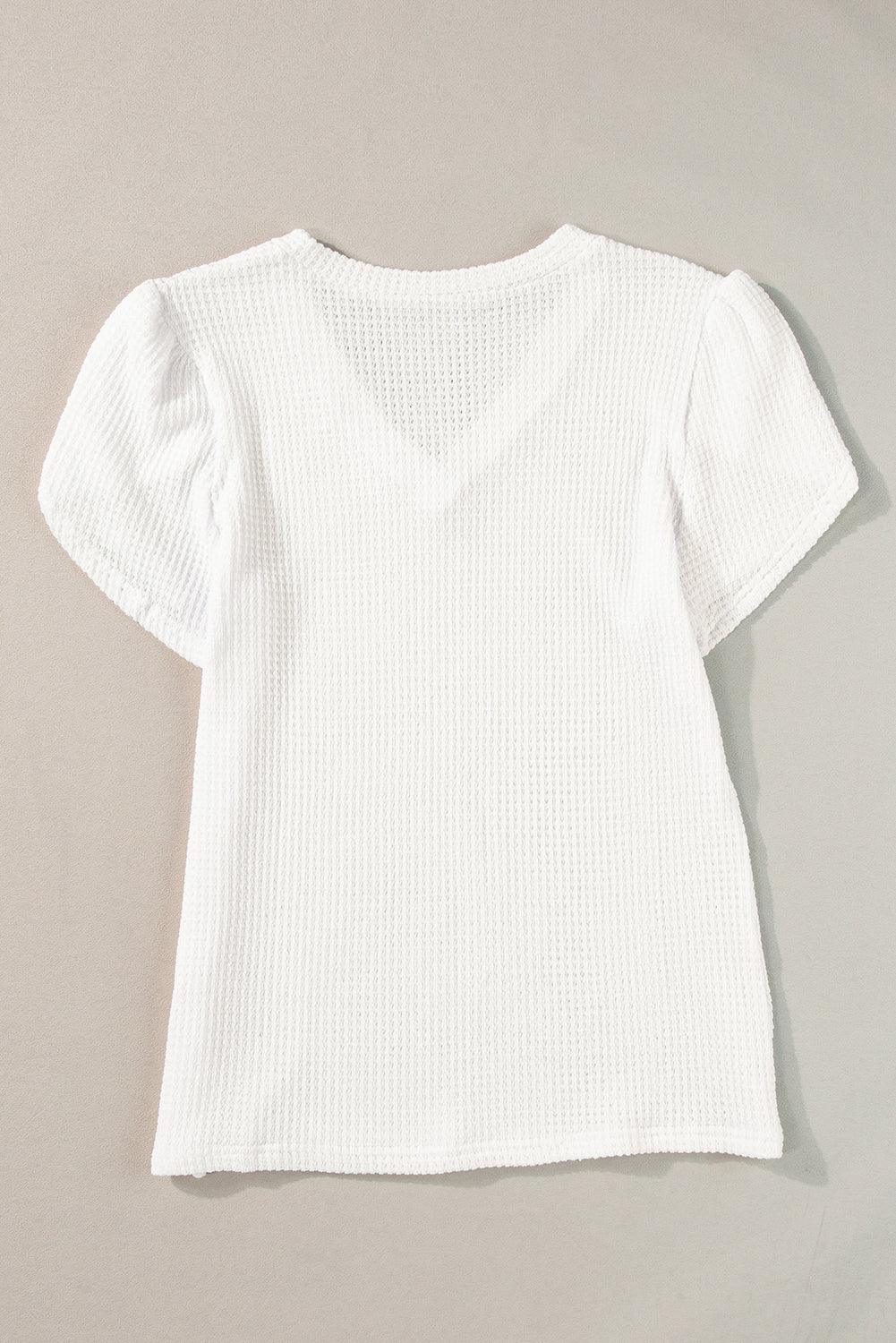 White V Neck Petal Sleeve Waffle Knit T-Shirt - L & M Kee, LLC