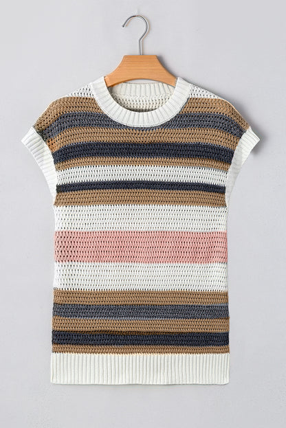 Pink Stripe Color Block Eyelet Knit Short Sleeve Sweater Tee