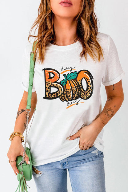 White BOO Pumpkin Leopard Print Crew Neck T Shirt - L & M Kee, LLC