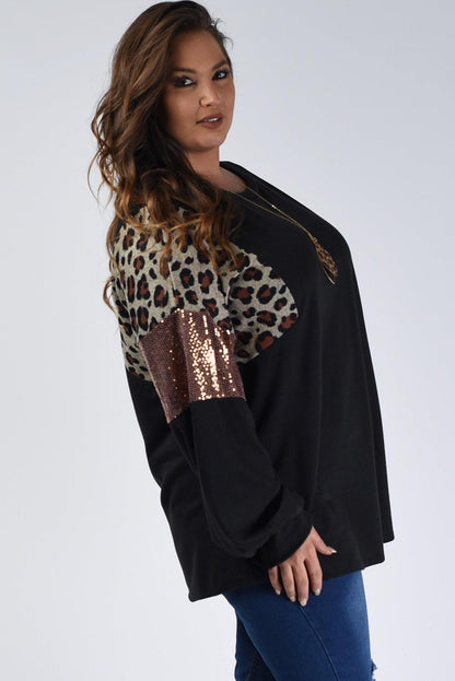 Black Leopard Sequin Patch Plus Size Long Sleeve Top - L & M Kee, LLC