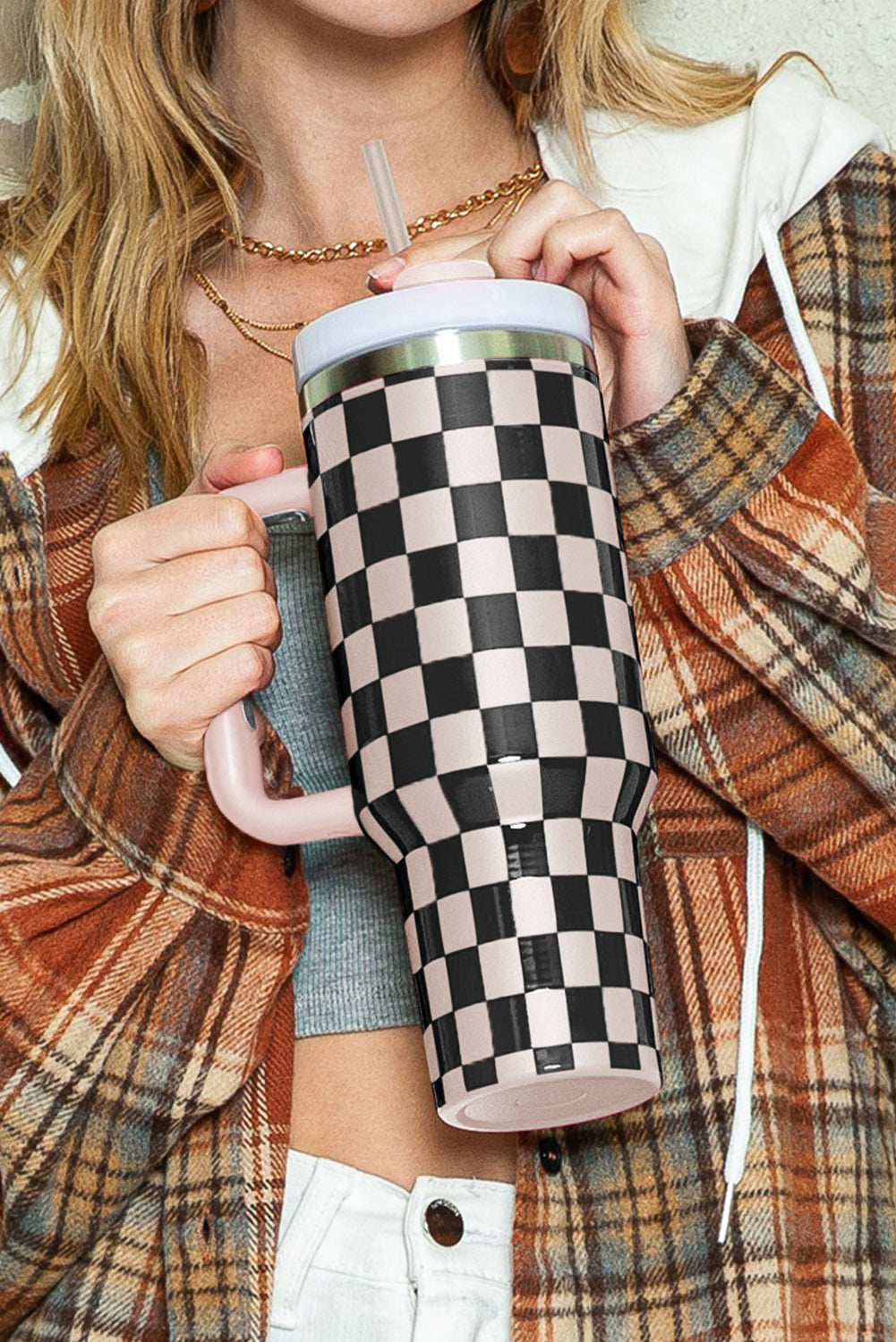 Black Checkered Print Handle Large Vacuum Cup 40OZ