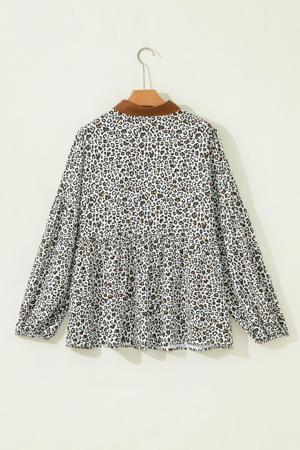 Khaki Plus Size Buttoned Contrast Trim Puff Sleeve Leopard Print Blouse