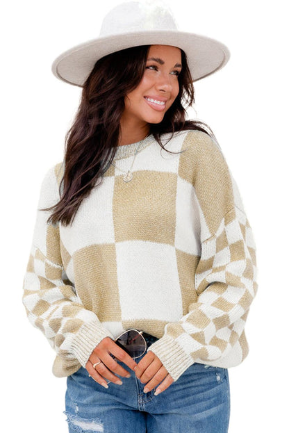 Flaxen Checkered Print Drop Shoulder Sweater - L & M Kee, LLC