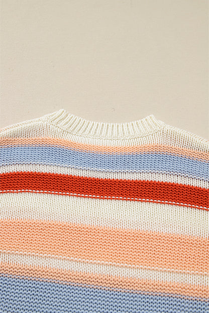 Pink Striped Colorblock Round Neck Drop Shoulder Sweater