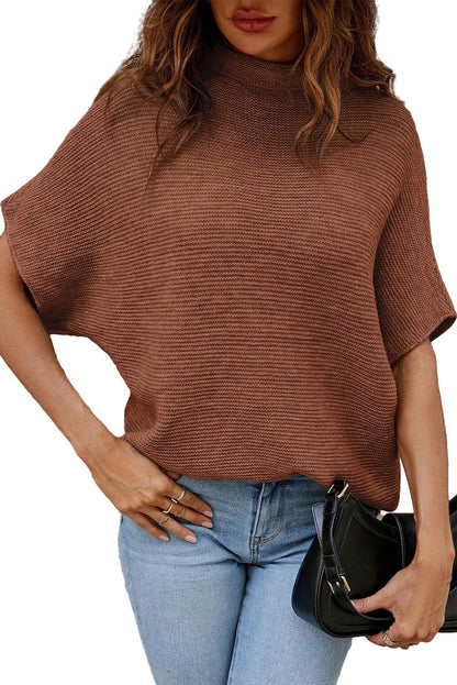 Coffee High Neck Short Bat Sleeve Sweater - L & M Kee, LLC