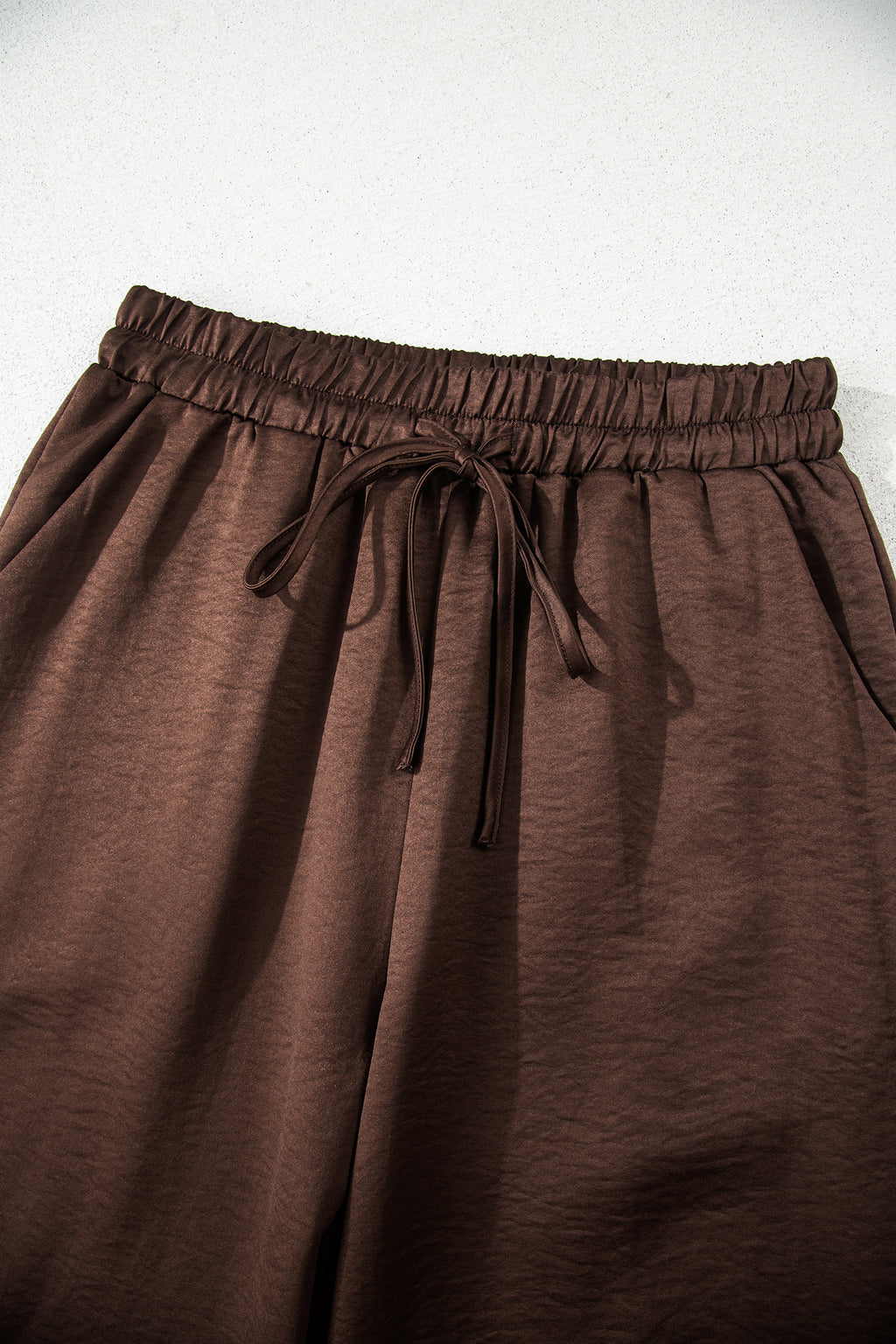 Dark Brown Braided V Neck Long Sleeve Loose Top and Drawstring High Waist Pants 2pcs Outfit