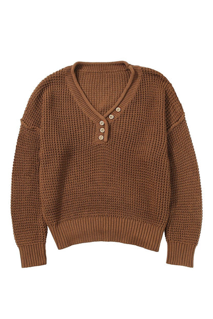 Coffee Pointelle Knit Button V Neck Drop Shoulder Sweater - L & M Kee, LLC