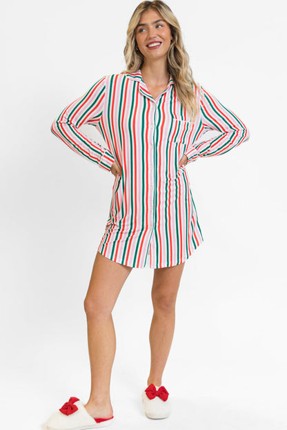 Pink Stripe Christmas Long Sleeve Shirt Style Lounge Dress
