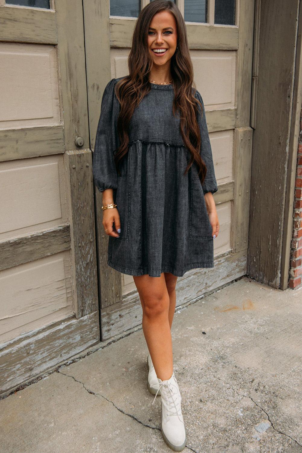 Black Balloon Sleeve High Waist Denim Dress - L & M Kee, LLC