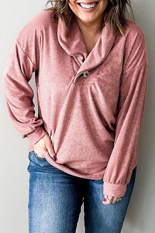 Pink Plus Size Long Sleeve V-Neck Buttoned Top - L & M Kee, LLC