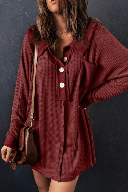 Brown Waffle Knit Buttoned Long Sleeve Top - L & M Kee, LLC