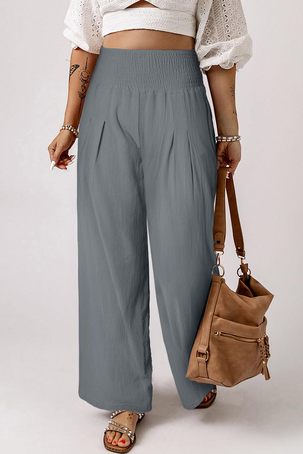 Khaki Smocked Wide Waistband High Waist Wide Leg Pants - L & M Kee, LLC