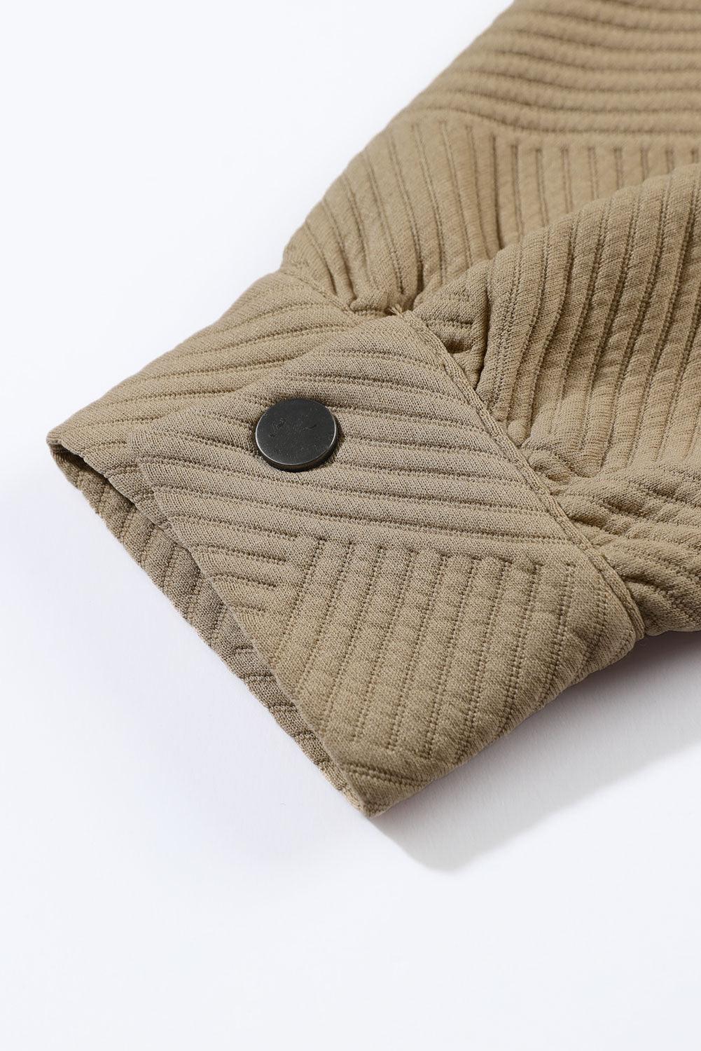 Beige Solid Textured Flap Pocket Buttoned Shacket - L & M Kee, LLC
