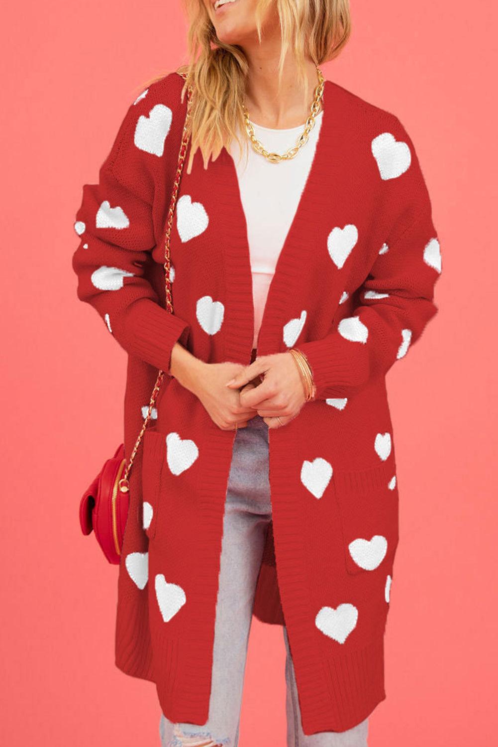 Fiery Red Valentine\'s Day Heart Pattern Ribbed Trim Open Front Cardigan - L & M Kee, LLC