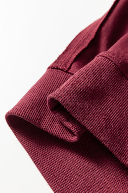 Red Sandalwood Plaid Colorblock Patchwork Sleeve Raw Seam Sweatshirt