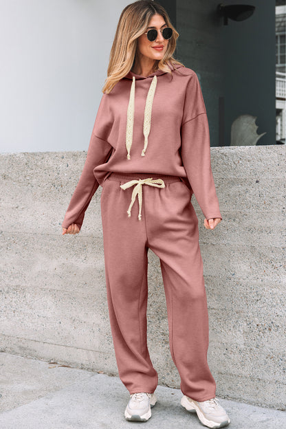 Rose Tan Lace Drawstring Pullover Hoodie and High Waist Pants Corduroy Suit
