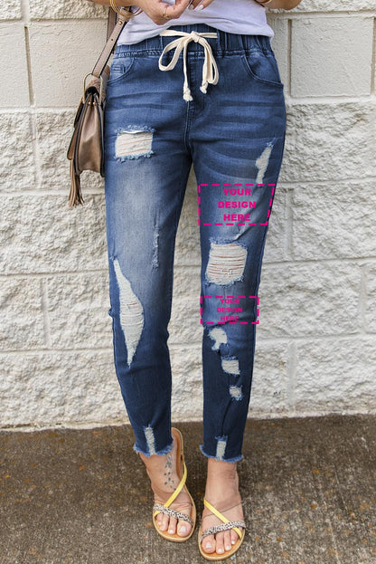 Blank Apparel - Blue Drawstring Elastic Waist Hole Ripped Jeans - L & M Kee, LLC