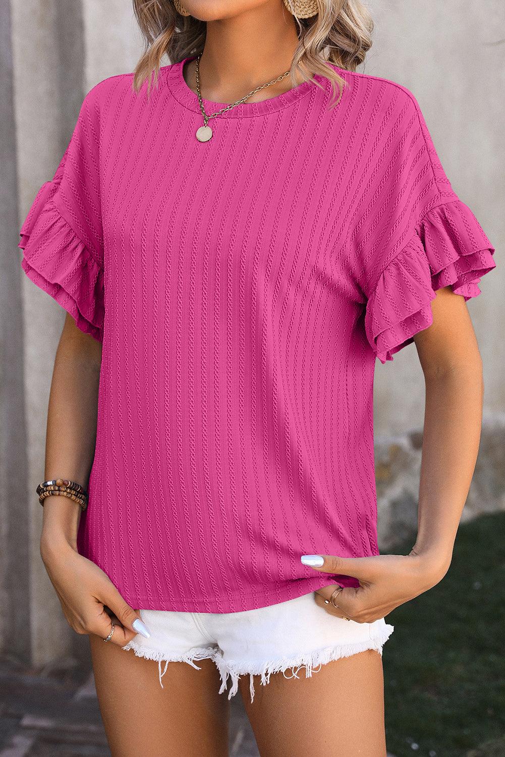 Bright Pink Ruffle Sleeve Textured Top - L & M Kee, LLC