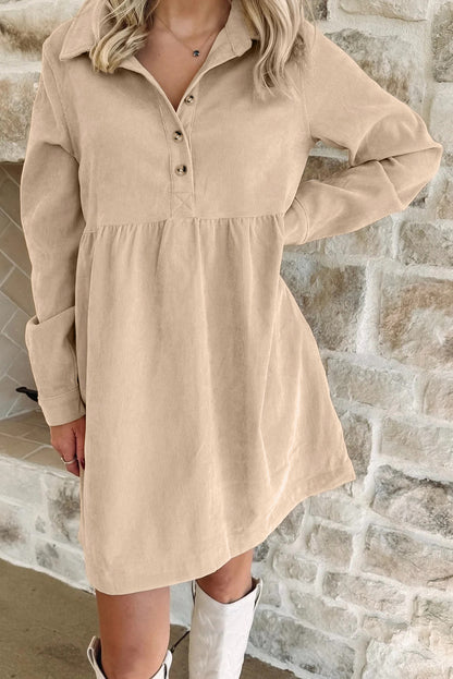 Vineyard Green Corduroy Half Button Collared Long Sleeve Mini Dress