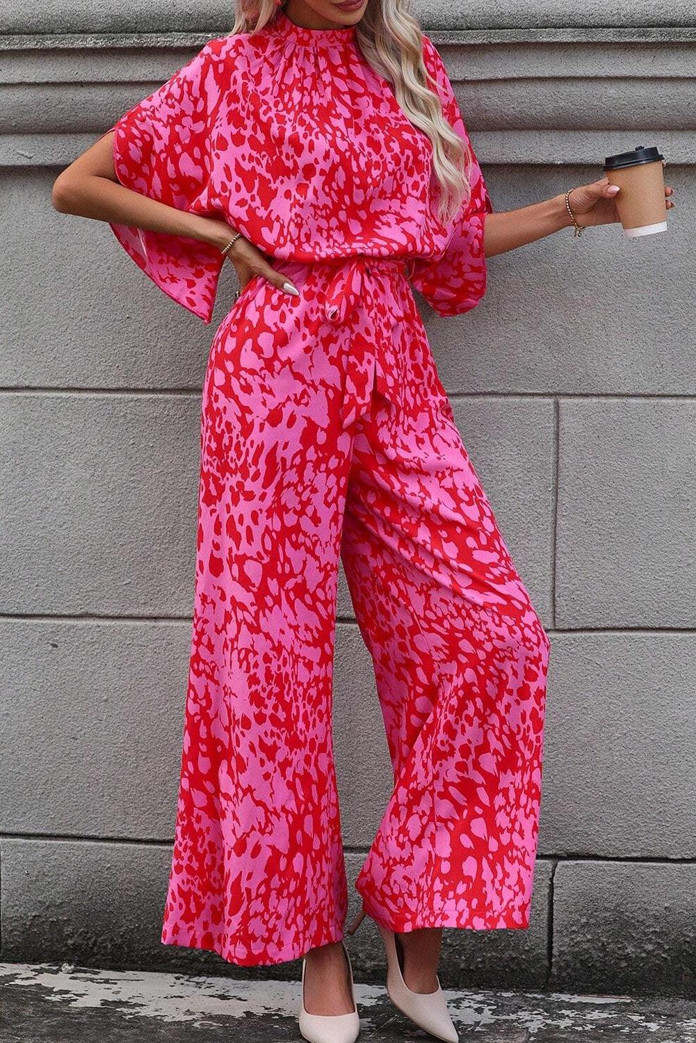 Rose Leopard Loose Sleeve Belted Wide Leg Jumpsuit - L & M Kee, LLC