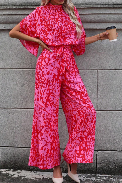 Rose Leopard Loose Sleeve Belted Wide Leg Jumpsuit - L & M Kee, LLC