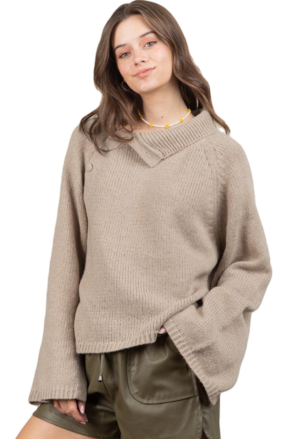 Smoke Gray Wide Sleeve High Neck Side Buttoned Sweater - L & M Kee, LLC