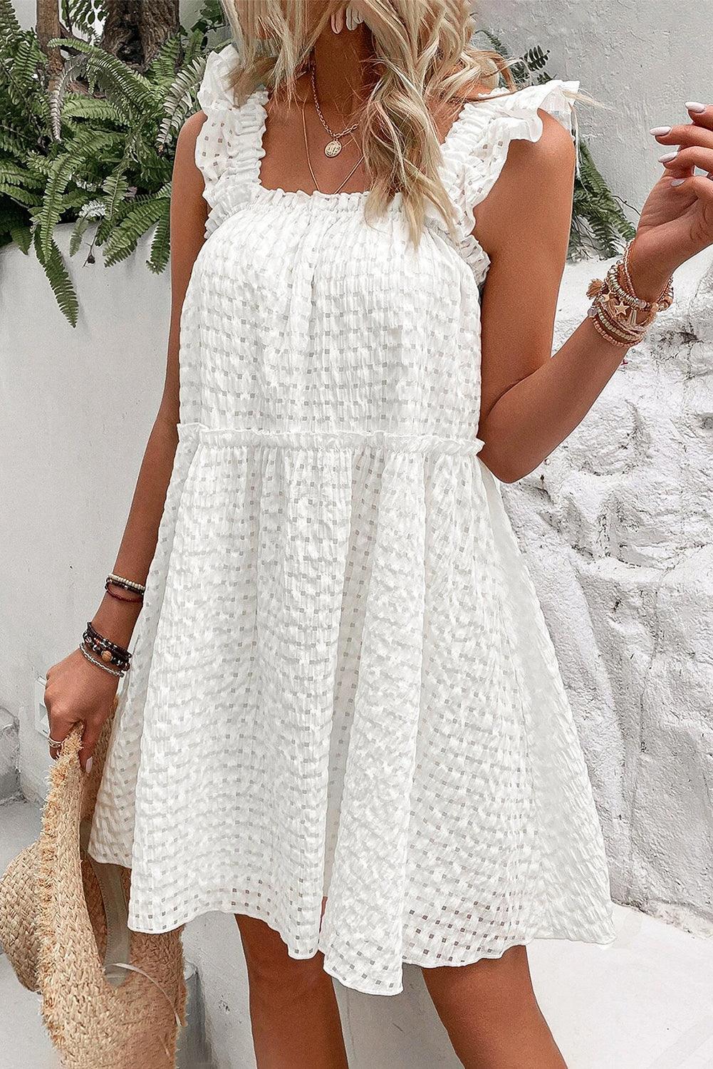 White Plaid Ruffled Straps Flowy Sleeveless Dress - L & M Kee, LLC