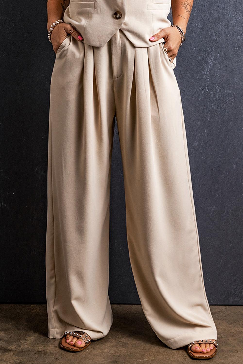 Apricot Elastic Waist Pleated Wide Leg Pants - L & M Kee, LLC