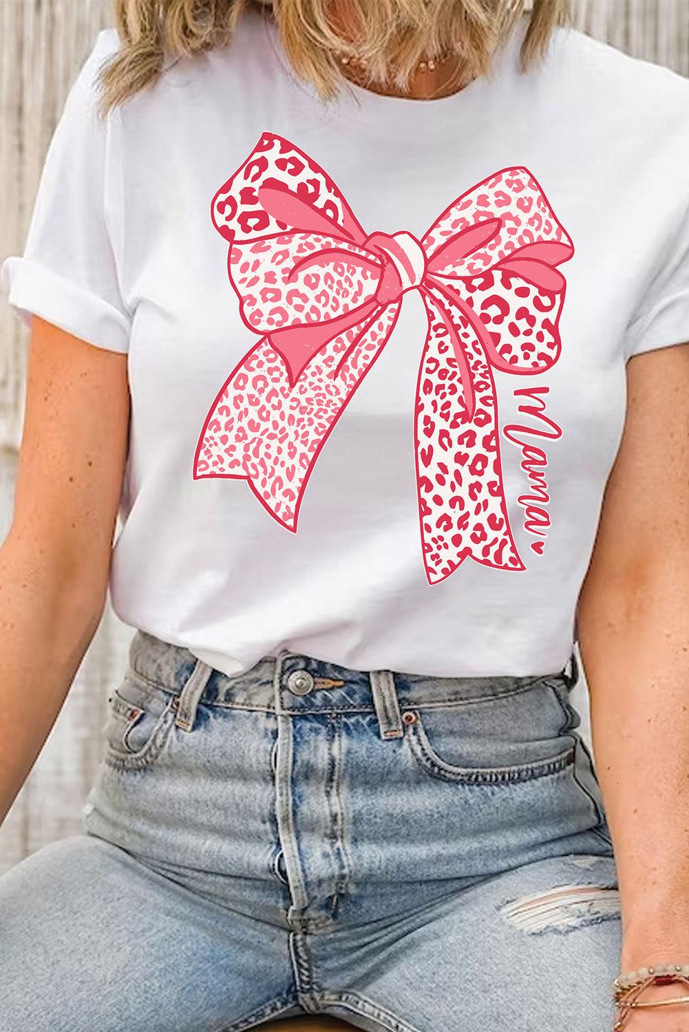 White Leopard Bow Graphic Mothers Day Fashion T Shirt - L & M Kee, LLC