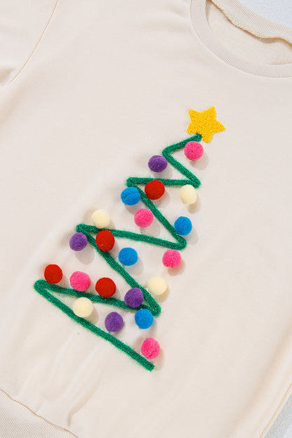 Beige Pom-Pom Christmas Tree Pattern O Neck Sweatshirt