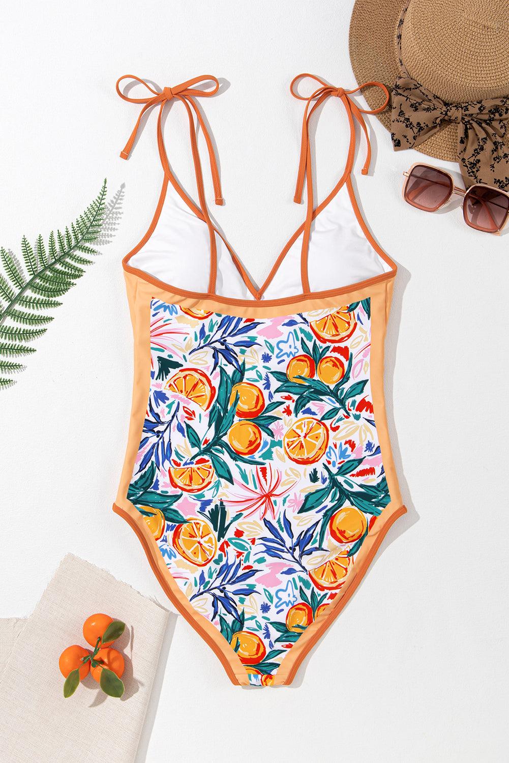 Orange Fruit Plant Print Tied Straps V Neck One Piece Swimsuit - L & M Kee, LLC