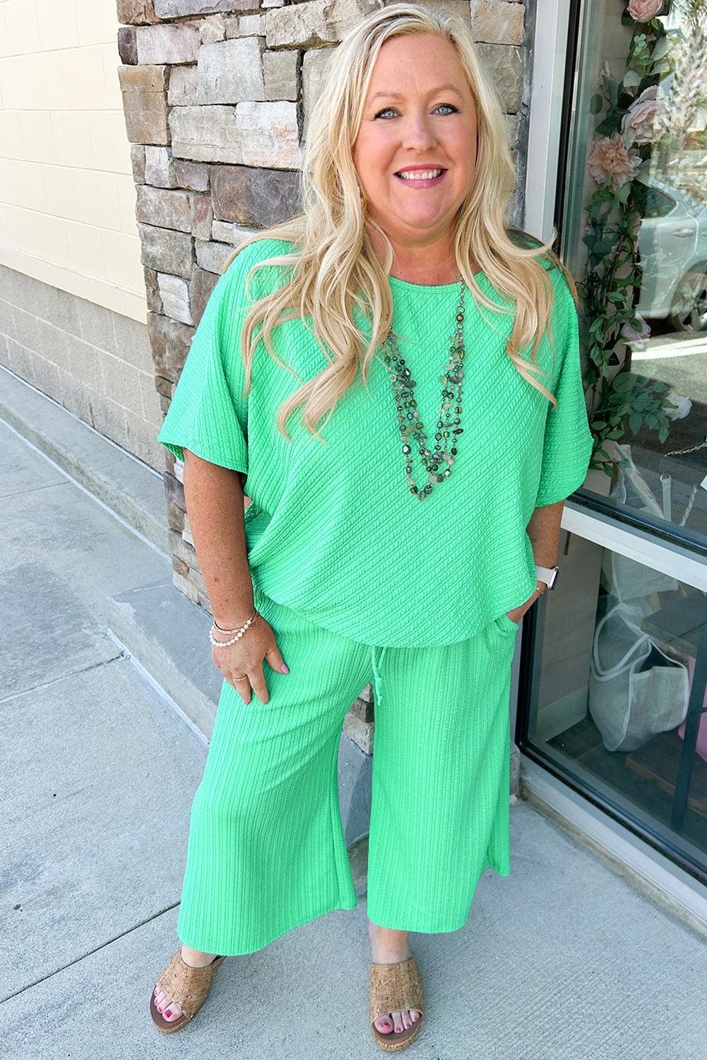 Mint Green Textured Batwing Sleeve Tee Wide Leg Pants Plus Size Set - L & M Kee, LLC