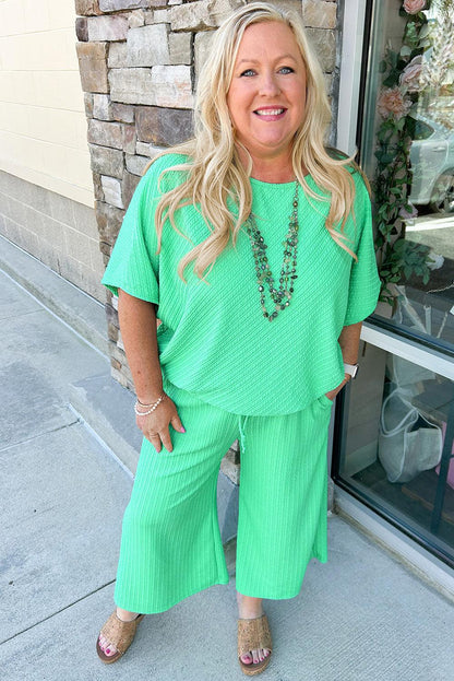 Mint Green Textured Batwing Sleeve Tee Wide Leg Pants Plus Size Set - L & M Kee, LLC