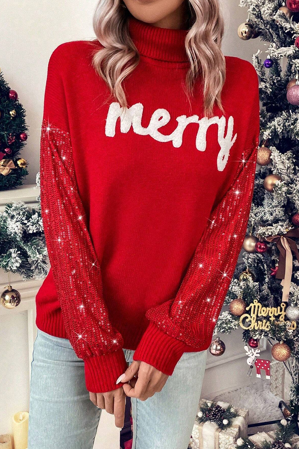 Racing Red Merry Graphic Sequin Sleeves Christmas Turtleneck Sweater