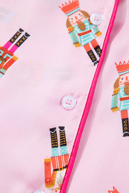 Pink Nutcracker Print Contrast Trim Tied up Bow Silky 2pcs Pajama Set