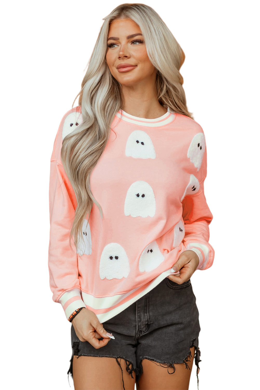 Gossamer Pink Halloween Terry Ghost Striped Trim Loose Sweatshirt