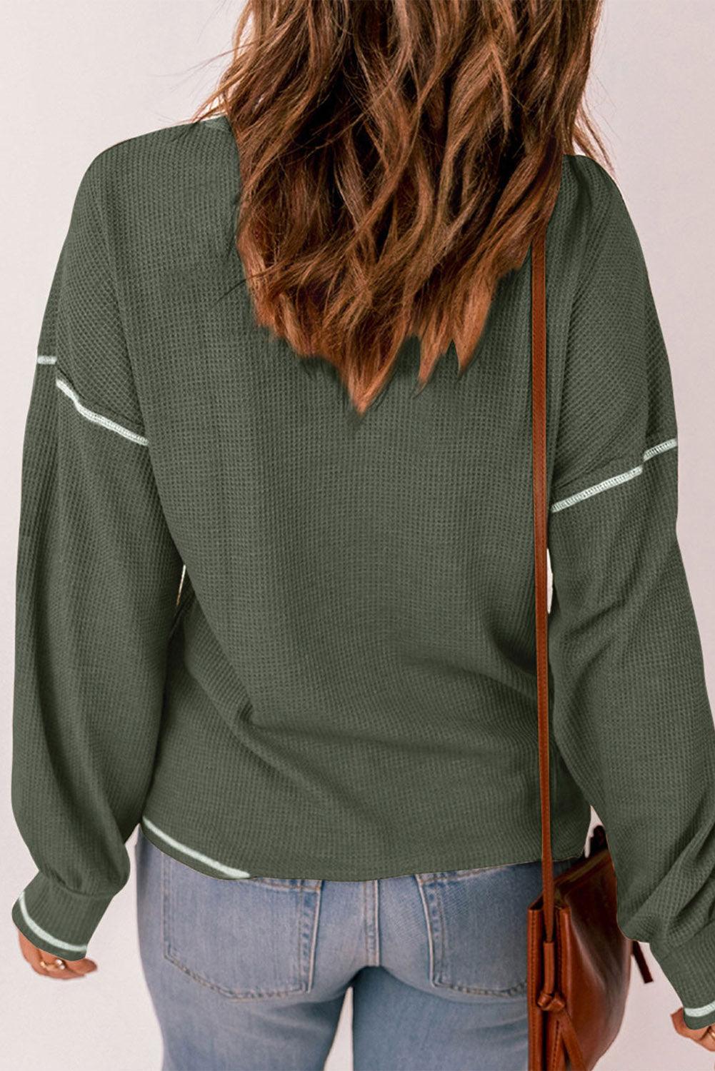 Mist Green Contrast Exposed Stitching Waffle Knit Blouse - L & M Kee, LLC