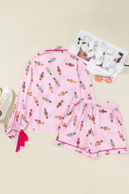 Pink Nutcracker Print Contrast Trim Tied up Bow Silky 2pcs Pajama Set