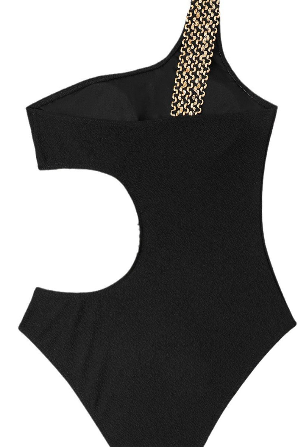 Black Textured Stitch One Shoulder Cutout One Piece Swimsuit - L & M Kee, LLC