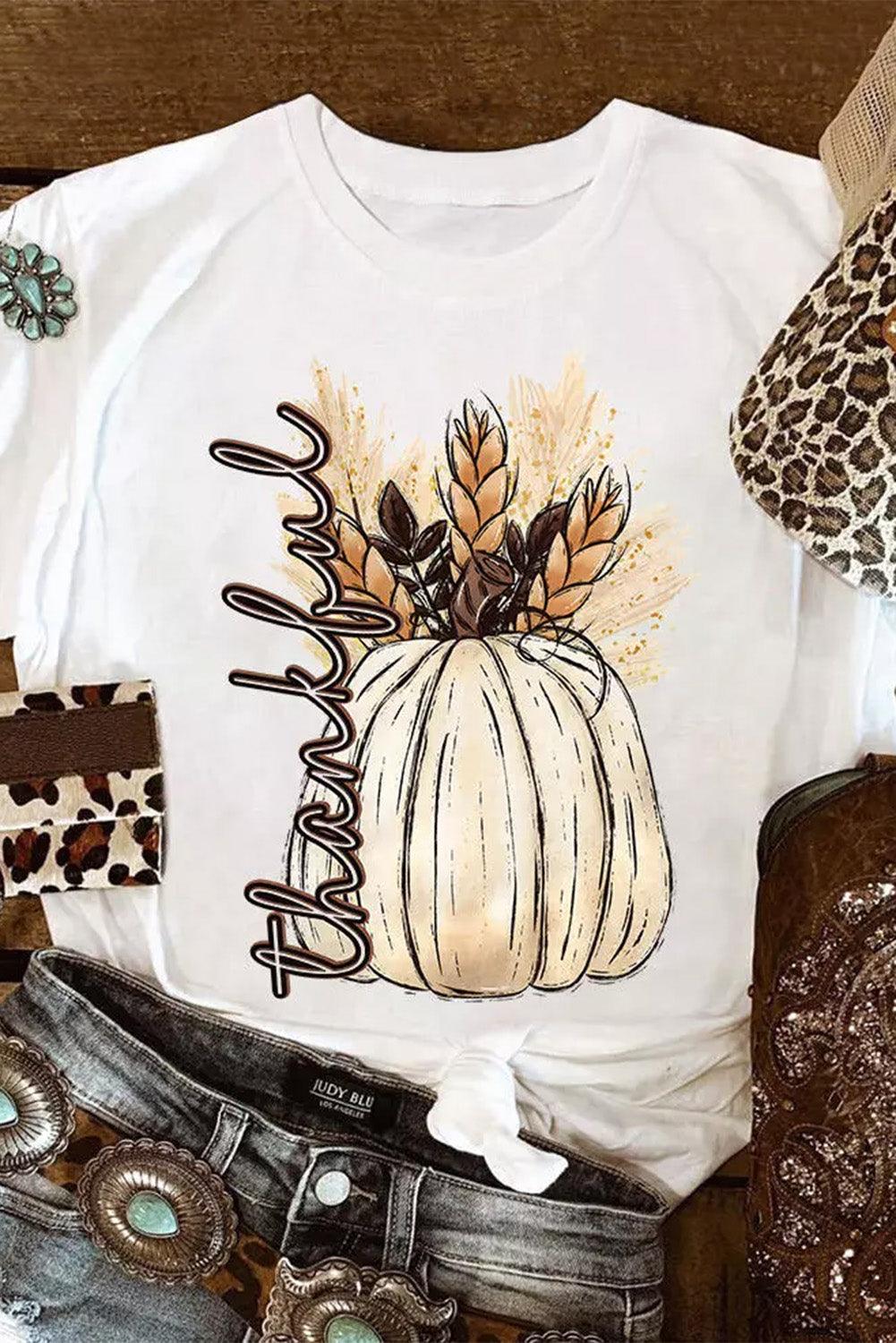 White Harvest Pumpkin Graphic Thanksgiving Tee - L & M Kee, LLC