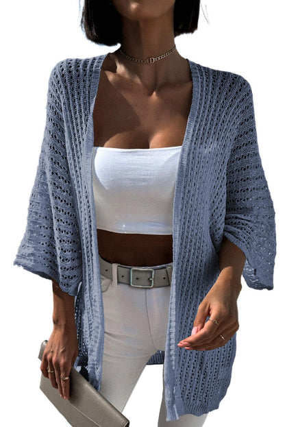 Sky Blue Hollow-out Knit Kimono Lightweight Cardigan - L & M Kee, LLC