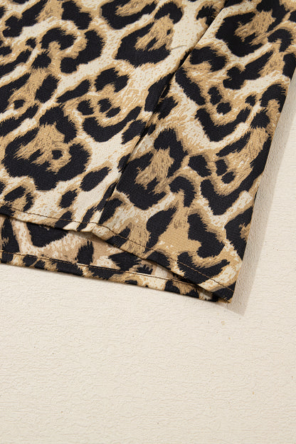 Brown Leopard Collared 3/4 Sleeve Shirt and Loose Pants Two Piece Outfit Set