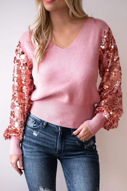 Pink Contrast Sequin Sleeve V Neck Ribbed Knit Sweater - L & M Kee, LLC