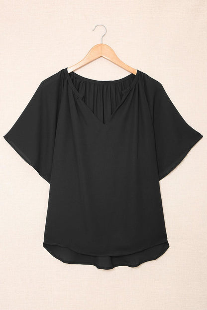 Black Split Neck Pleated Loose Top - L & M Kee, LLC