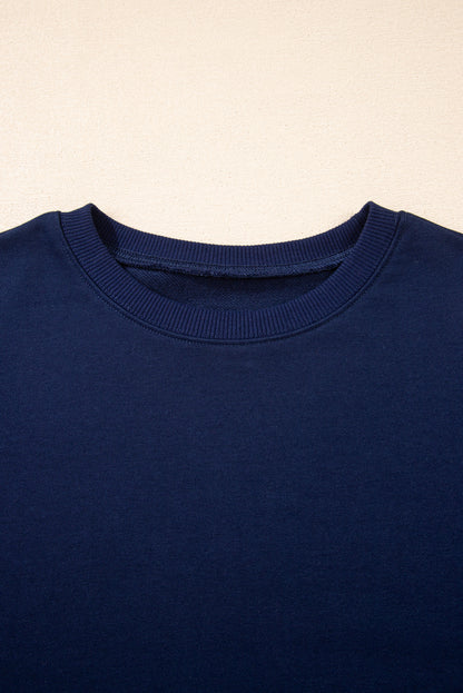 Navy Blue Varsity Stripe Detail Drop Shoulder Pullover Mini Skirt Set